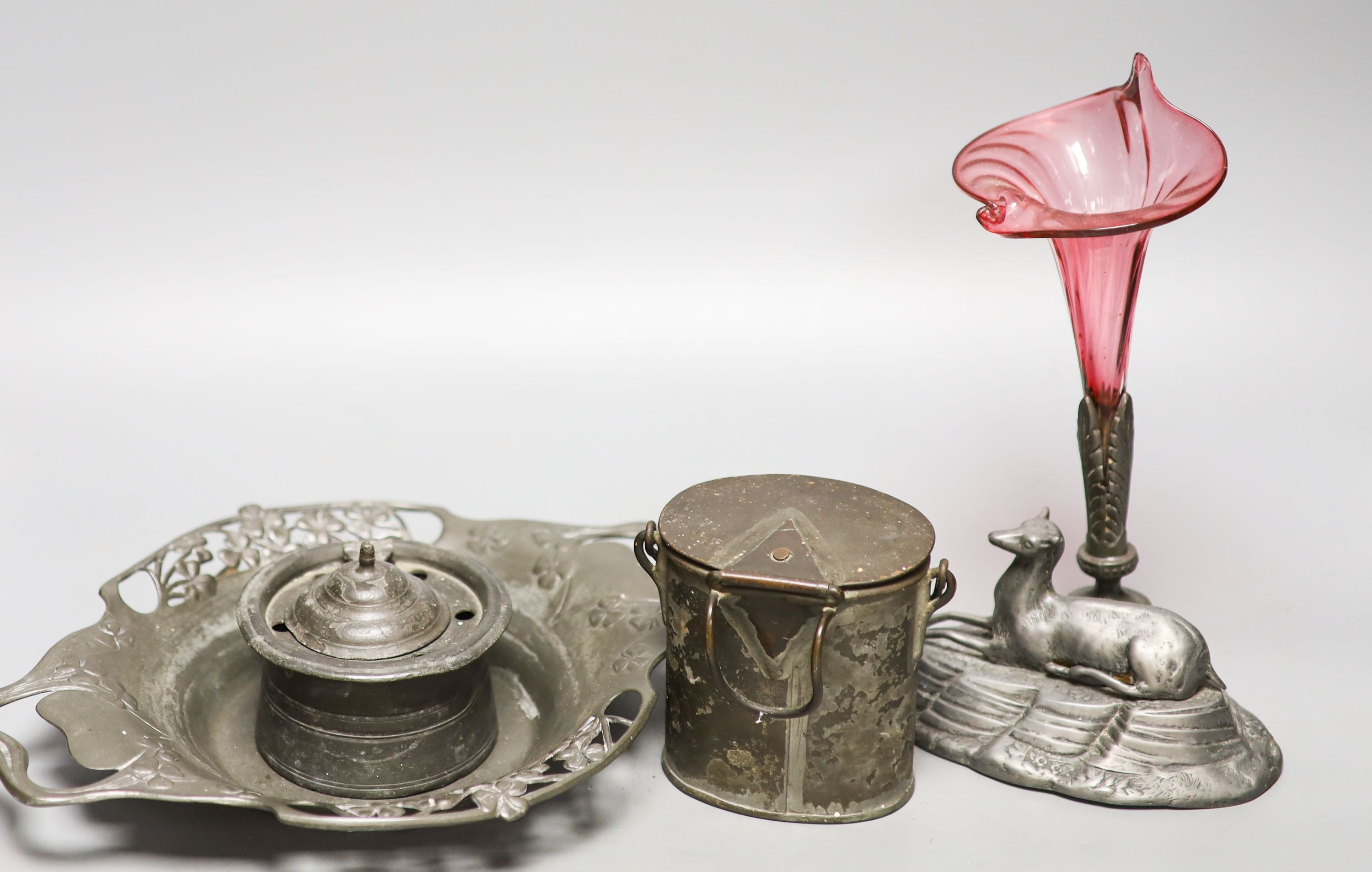 A Victorian epergne, WMF dish and a pewter inkwell etc.